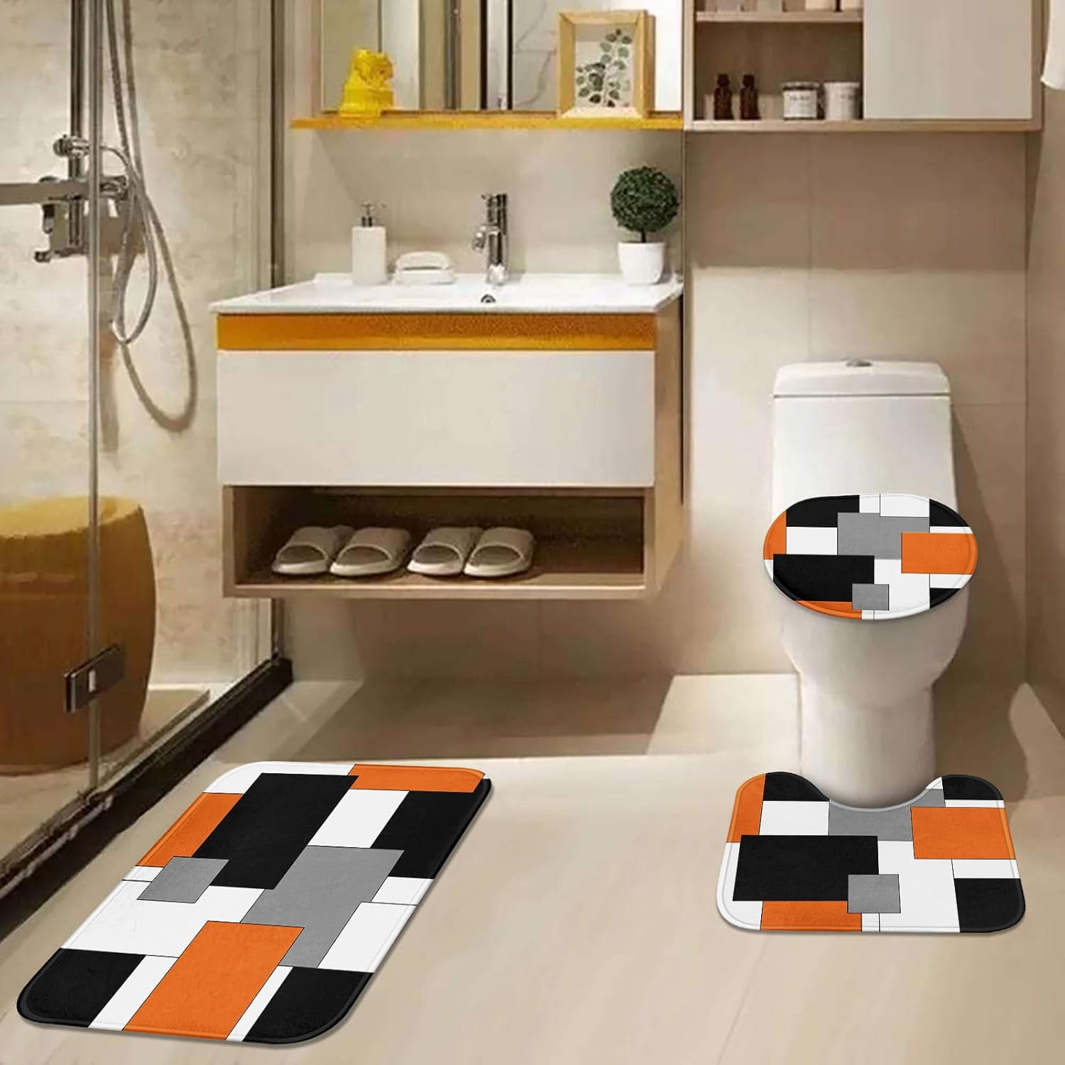Orange Geometric Shower Curtain Set with Toilet Lid Cover and Non-Slip Rugs for Bathroom, Black White Grey Checkered 4 Pcs Shower Curtain, Modern Abstract Bathroom Set with 12 Hooks