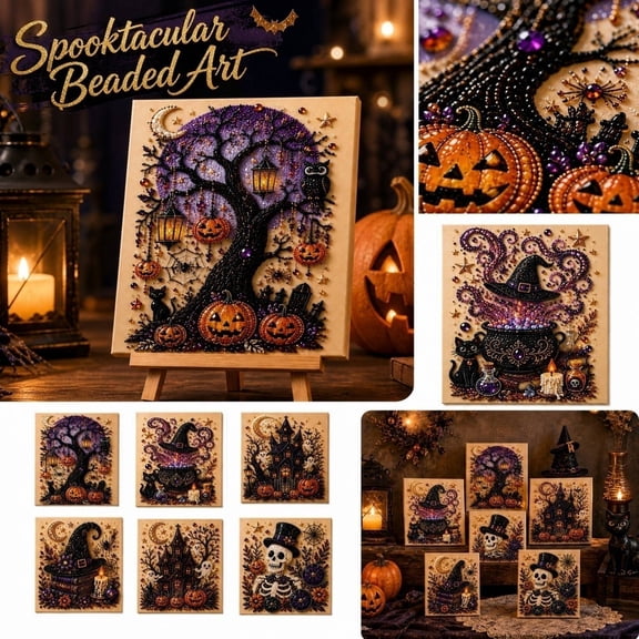 Halloween Ghost Pearl Art DIY Kit, Spooky Witch & Skull DIY Kit for Adults, 3D Pearl Painting Craft Kit, DIY Gift for Beginner (A)
