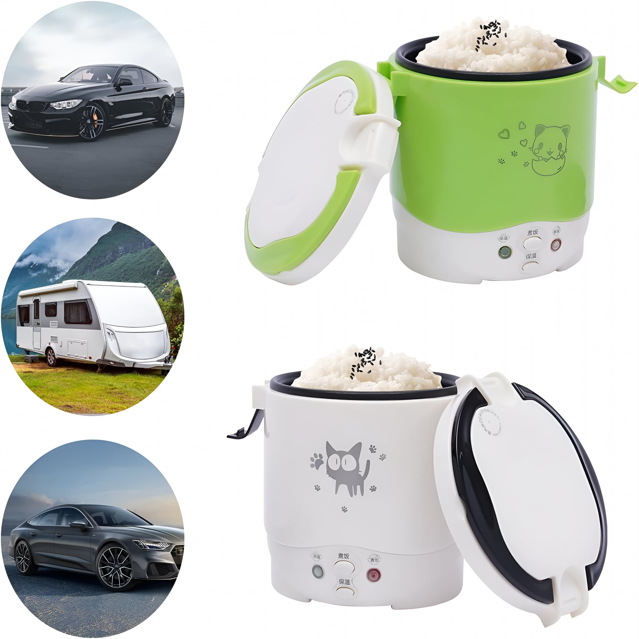 HIBIBUD 12V Mini Rice Cooker Steamer 1 Cup,Portable Easy Operation Well Insulated 1-2h Non-stick Rice Maker Food Steamer with Handle and Spoon for Car Home (Green)