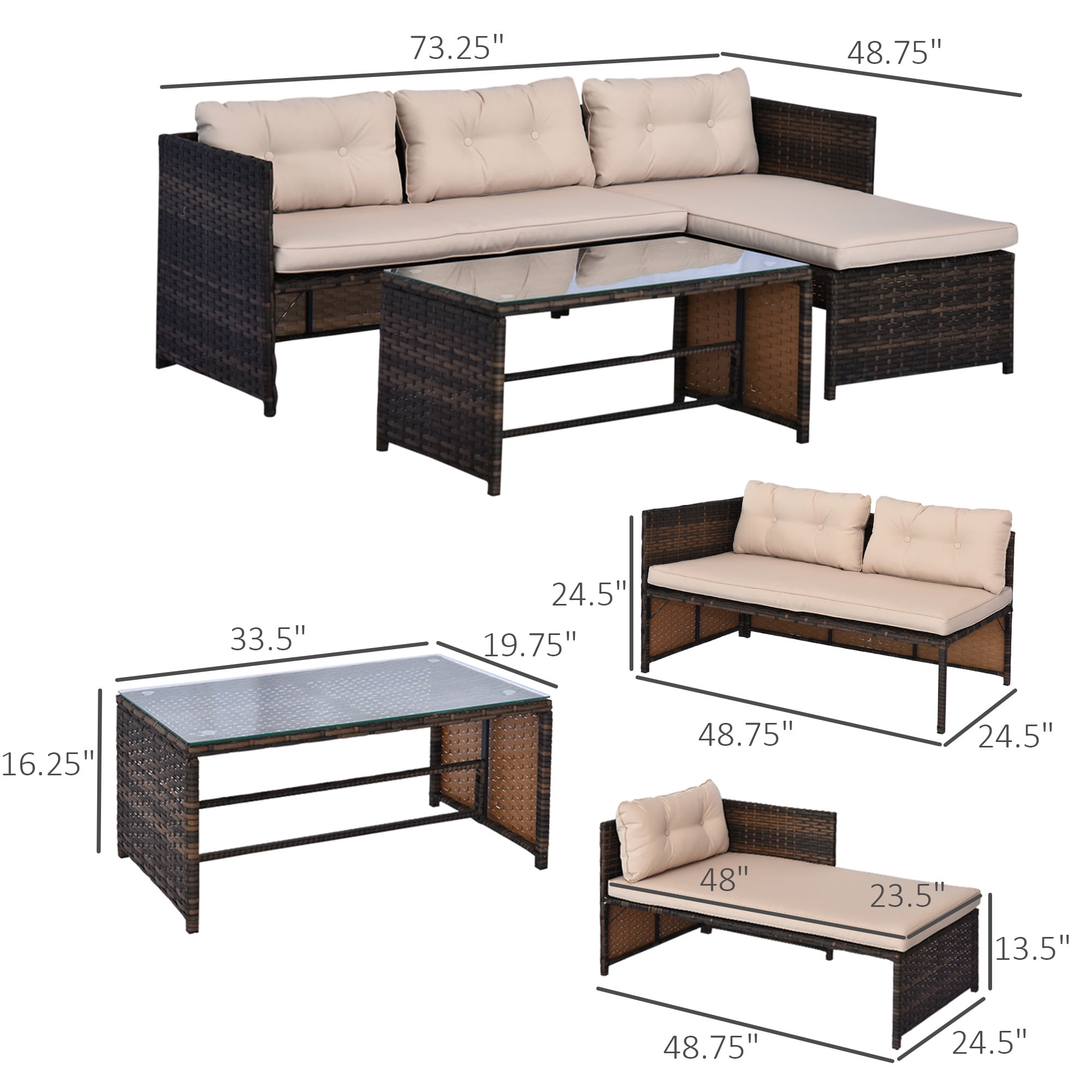 Outsunny 3 Piece Patio Furniture Set, Rattan Outdoor Sofa Set with Chaise Lounge & Loveseat, Soft Cushions, Table, L-Shaped Sectional Couch, Beige