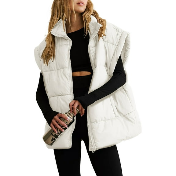 Women's Beige Oversized Puffer Vest with Zipper Stand Neck - Stylish Winter Outerwear | [ZhiHiMeRi] | (US 20-22)2XL