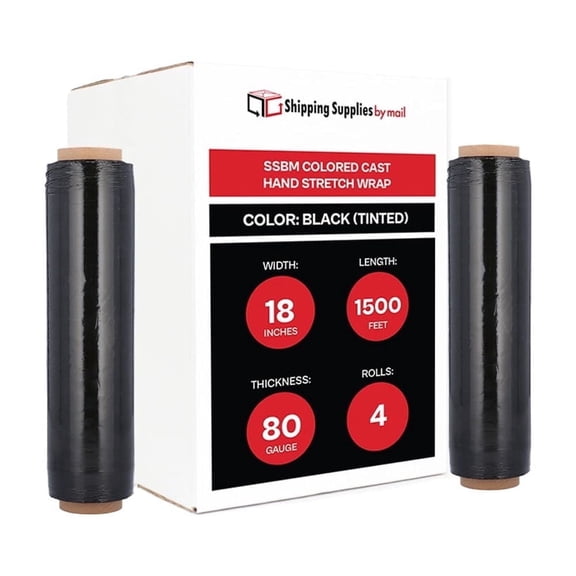 SSBM Black Cast Hand Stretch Wrap 18" x 1500' 4 Rolls 80 Gauge Plastic Tinted Self Adhesive Shrink Film for Packaging