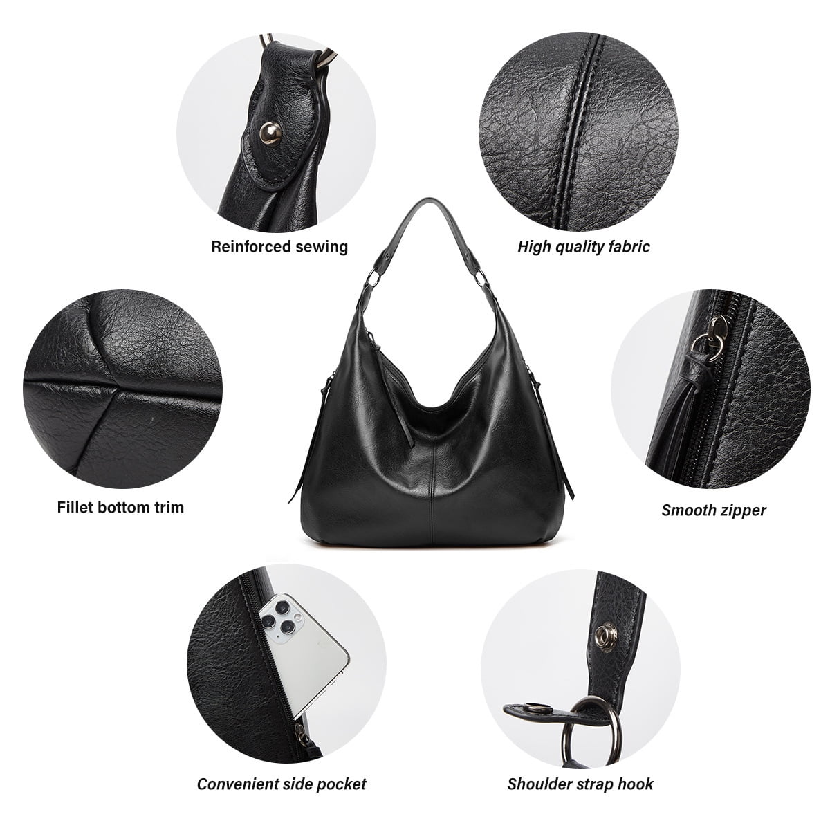 SENDEFN Women's Leather Crossbody Hobo Bags with Wristlet, Black, 3-Piece