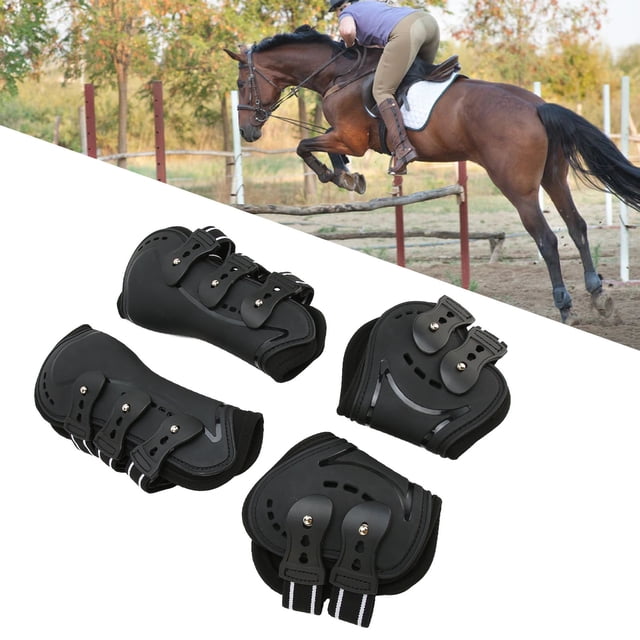 Front Hind Leg Boots, Shock Absorption, Breathable Open Front PU Shell Horse Leg Protectors, Neoprene Lining, Ventilated, Adjustable Straps, Set of 4 Breathable Riding Boots