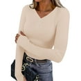 thumbnail image 3 of TKLPEHG Womens Fitted Long Sleeve Shirts Slim-Fit Button Basic Tee for Everyday Wear Ladies Tops Soft Spring Solid Color V-Neck Lightweight Shirt (Beige,M), 3 of 9