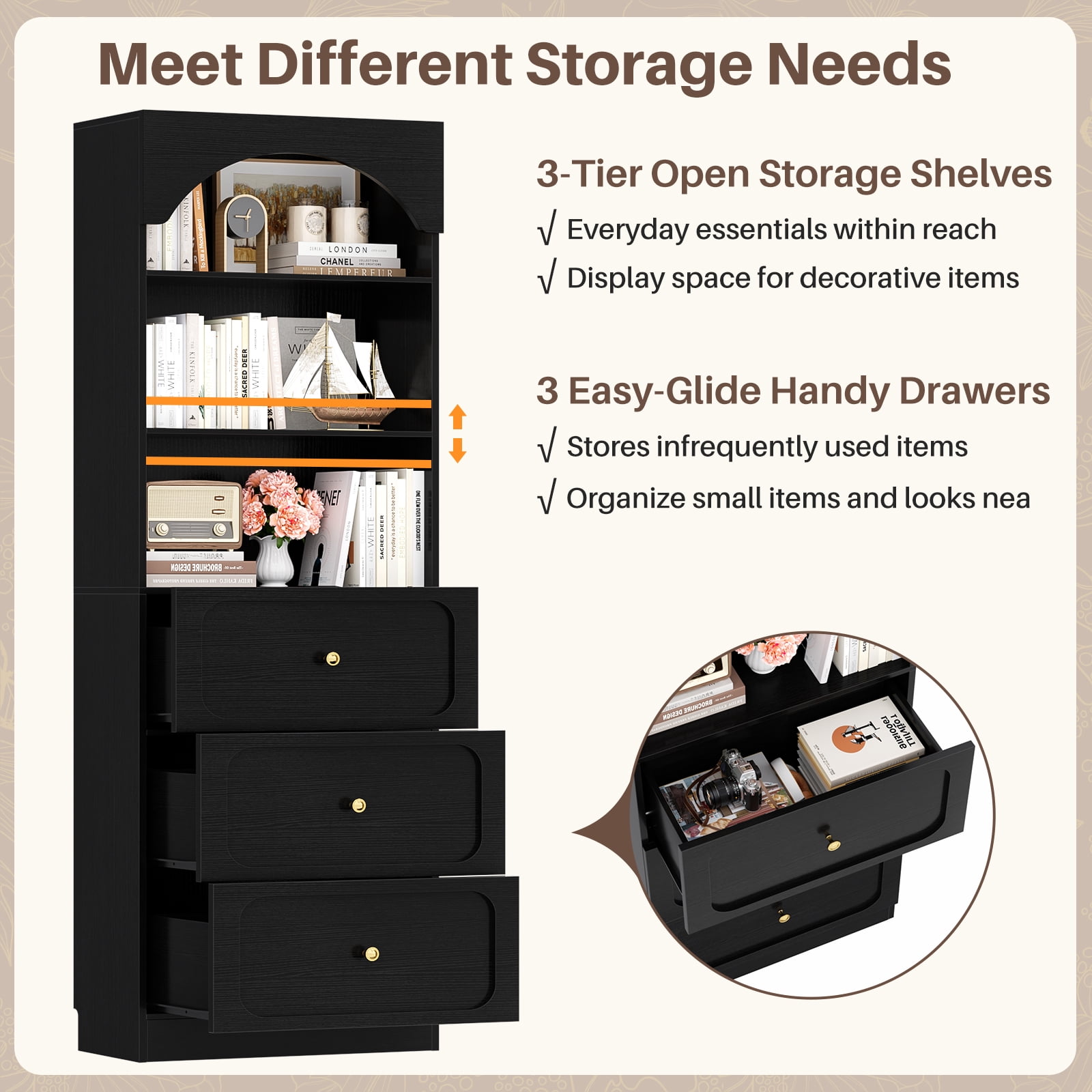 Homieasy 80" Tall Arched Bookcase with 3 Drawers & 3 Open Shelves - Wooden Storage Cabinet for Living Room, Kitchen, Office,Black