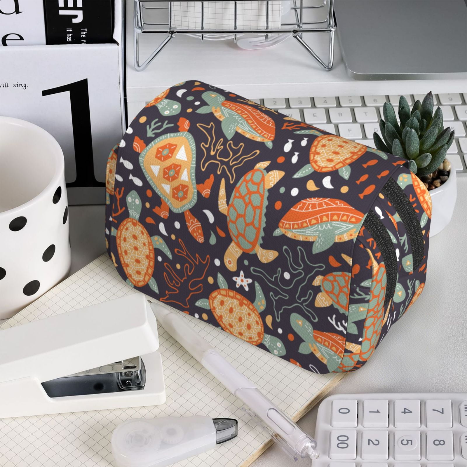 Rateoe Turtles and Sea Plants Pattern Double Clamshell Pen Case, Storage Organizer with Two Zipper Compartments– Holds Up to 50 Pencils & Pens
