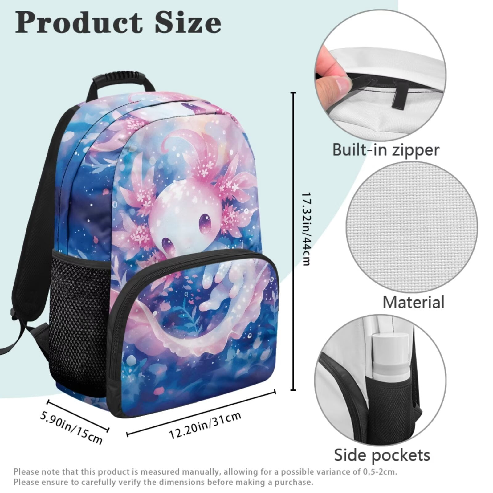 Binienty Axolotl Backpack With Water Bottle Set For Elementary School Girls 17 Inch Bookbag Small Lunch Bag Pen Organizer Case Bookmarks Back To School Gifts For Kids