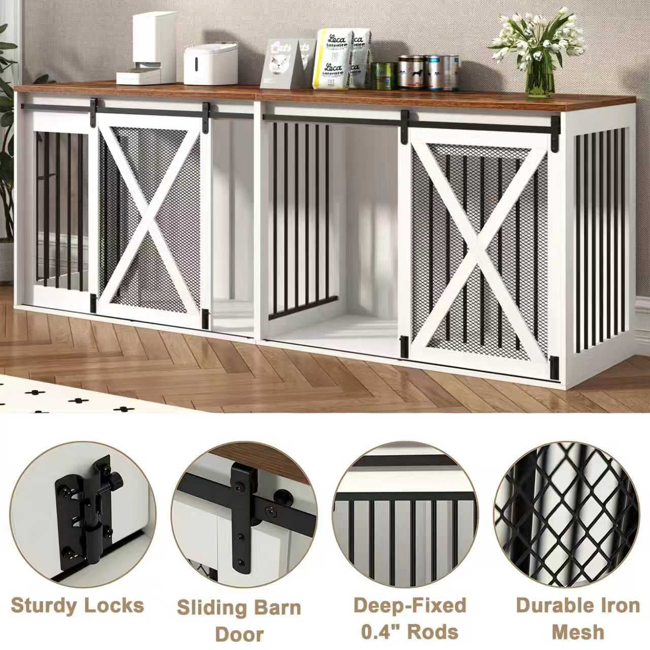 94.5" XXXL Dog Crate Furniture for 2 Medium or Large Dogs, Farmhouse Dog Kennel TV Stand with Sliding Door and Removable Divider (White)