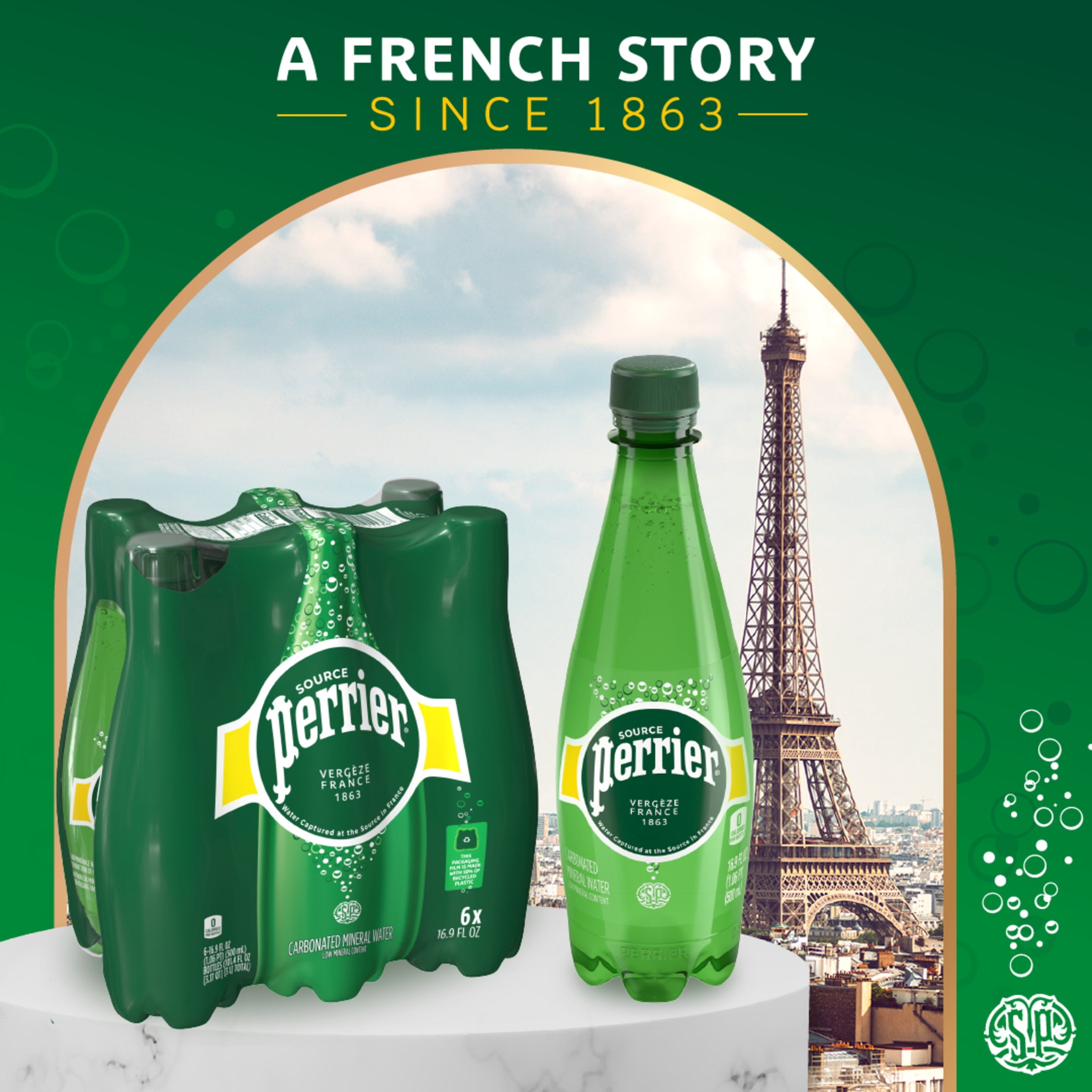 Perrier Sparkling Unflavored Mineral Water, 101.4 fl oz, 6 Pack Plastic Bottles