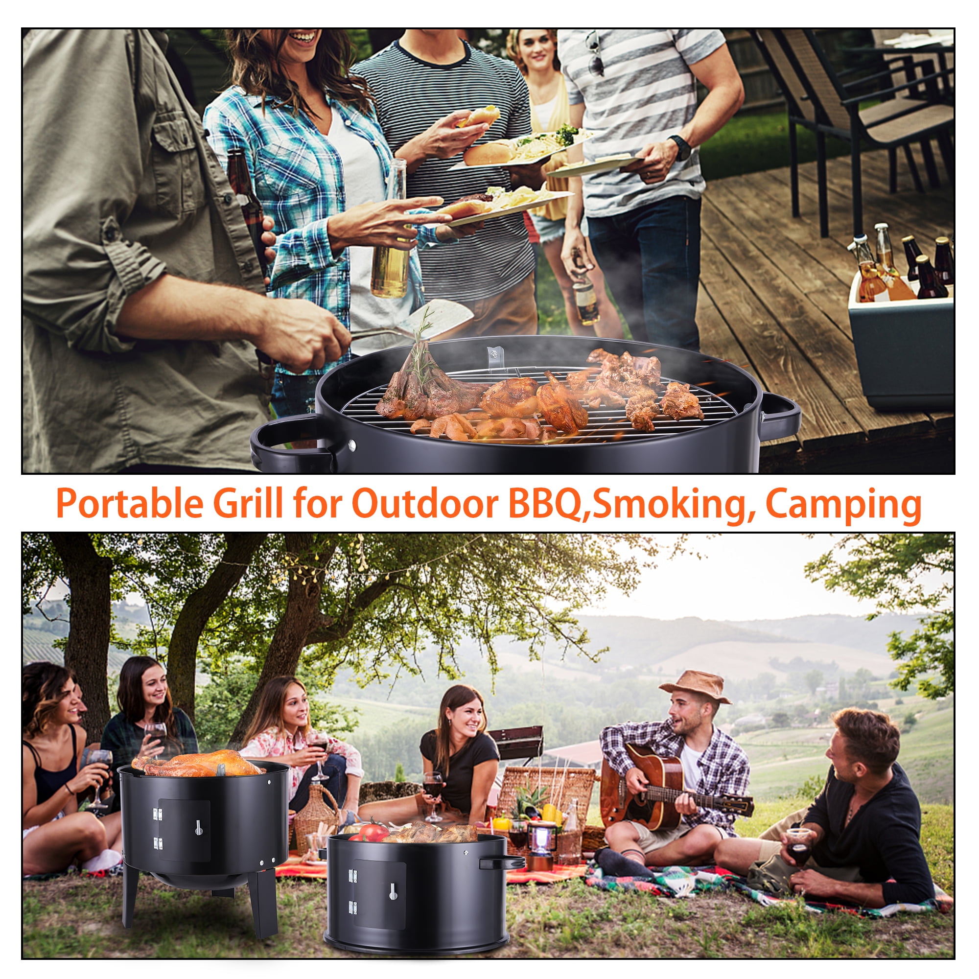 Smoker Side Fire Box Portable Charcoal Grill, Black