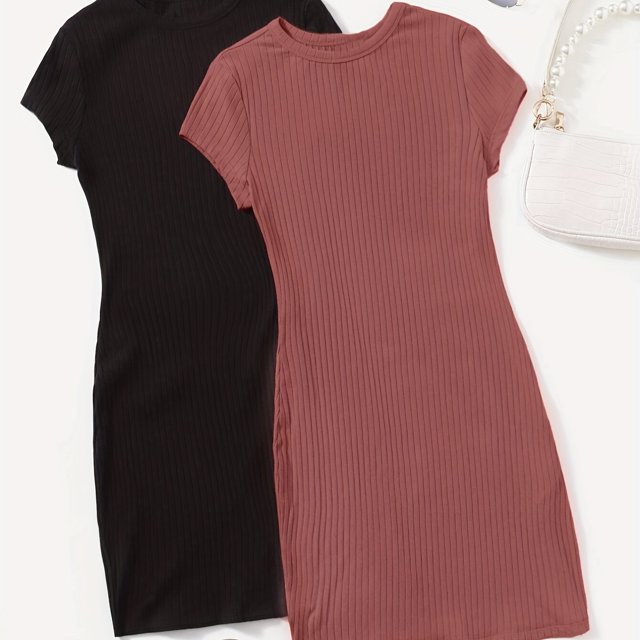 Trajes De Vestir De Dos Piezas, Conjunto De 2 Piezas De Vestido Informal Acanalado Con Cuello Redondo De Manga Corta, Ropa De Mujer