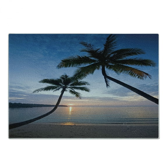 Tropical Cutting Board, Sunset over Ocean Calm Exotic Beach in Kut Island Thailand Summertime, Decorative Tempered Glass Cutting and Serving Board, Small Size, Blue Black Pale Pink, by Ambesonne