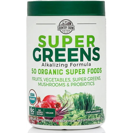Country Farms Super Greens Natural Flavor, 50 Organic Super Foods, USDA Organic Drink Mix, Super Foods, Mushrooms & Probiotics, Supports Energy, 20 Servings, 10.6 Oz