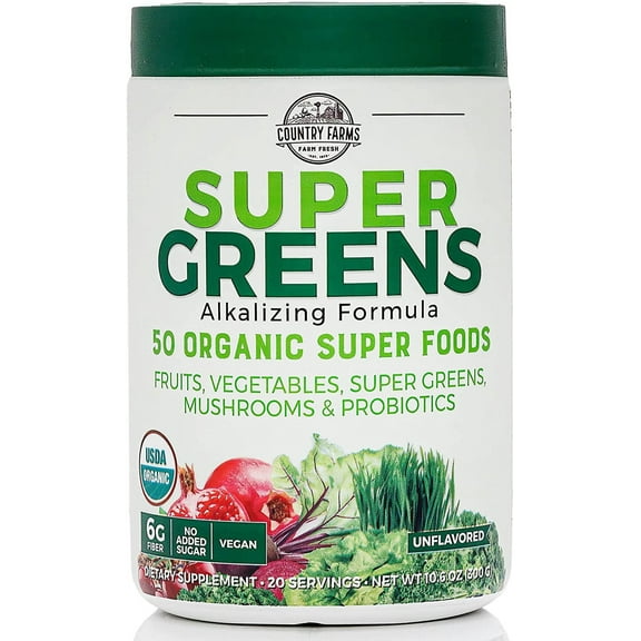 Country Farms Super Greens Natural Flavor, 50 Organic Super Foods, USDA Organic Drink Mix, Super Foods, Mushrooms & Probiotics, Supports Energy, 20 Servings, 10.6 Oz