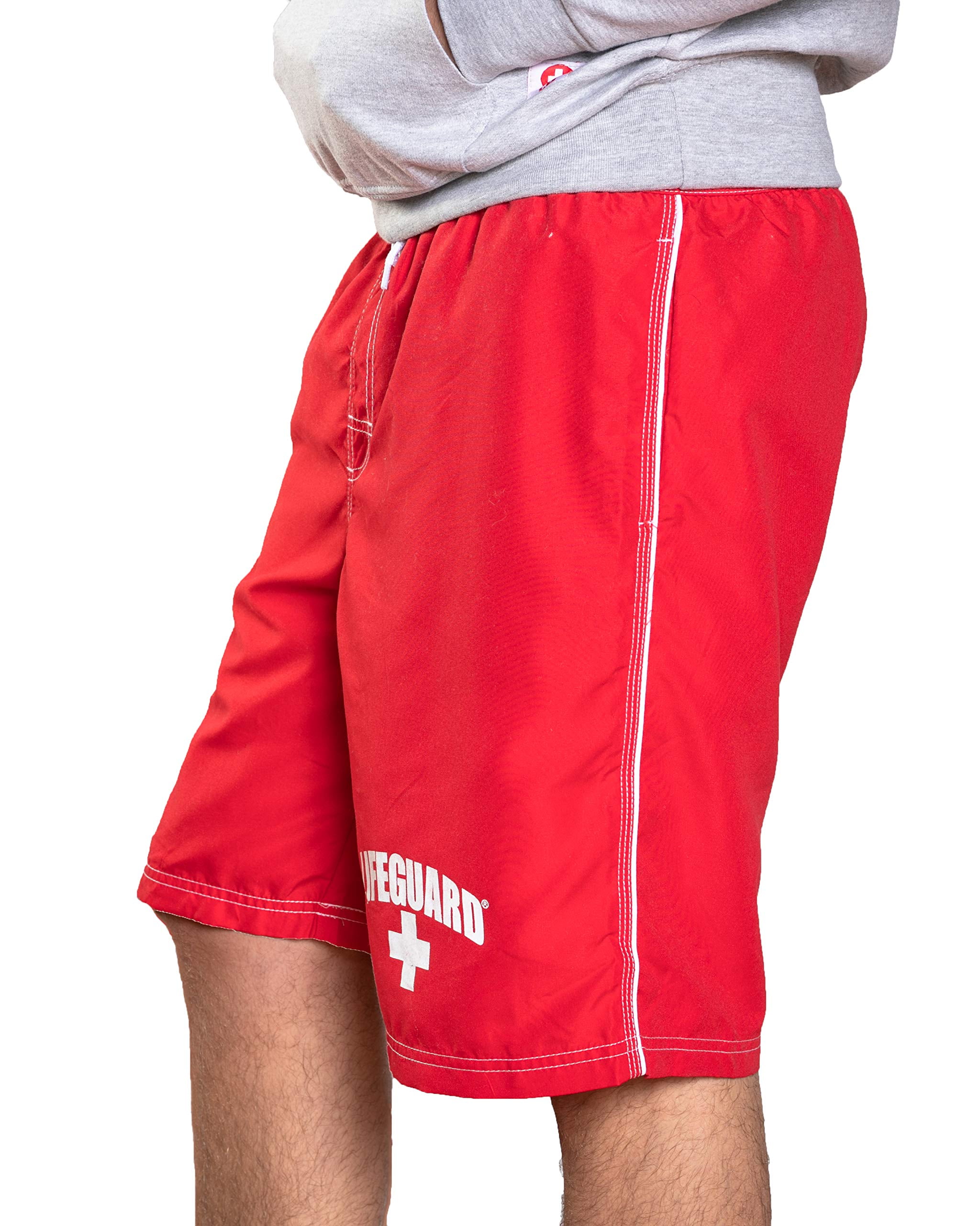 officially licensed red lifeguard men's board shorts swim trunks with side pocket, men and boys, great for beach & pool