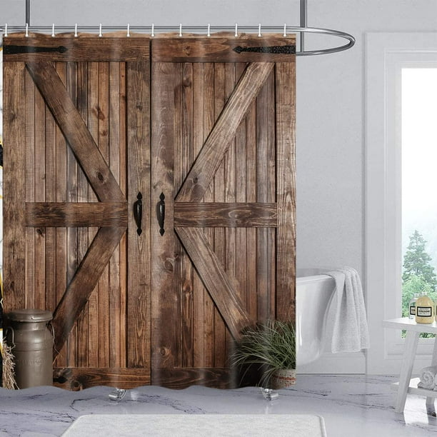 Rustic Barn Door Shower Curtain Set for Bathroom, Farmhouse Arts