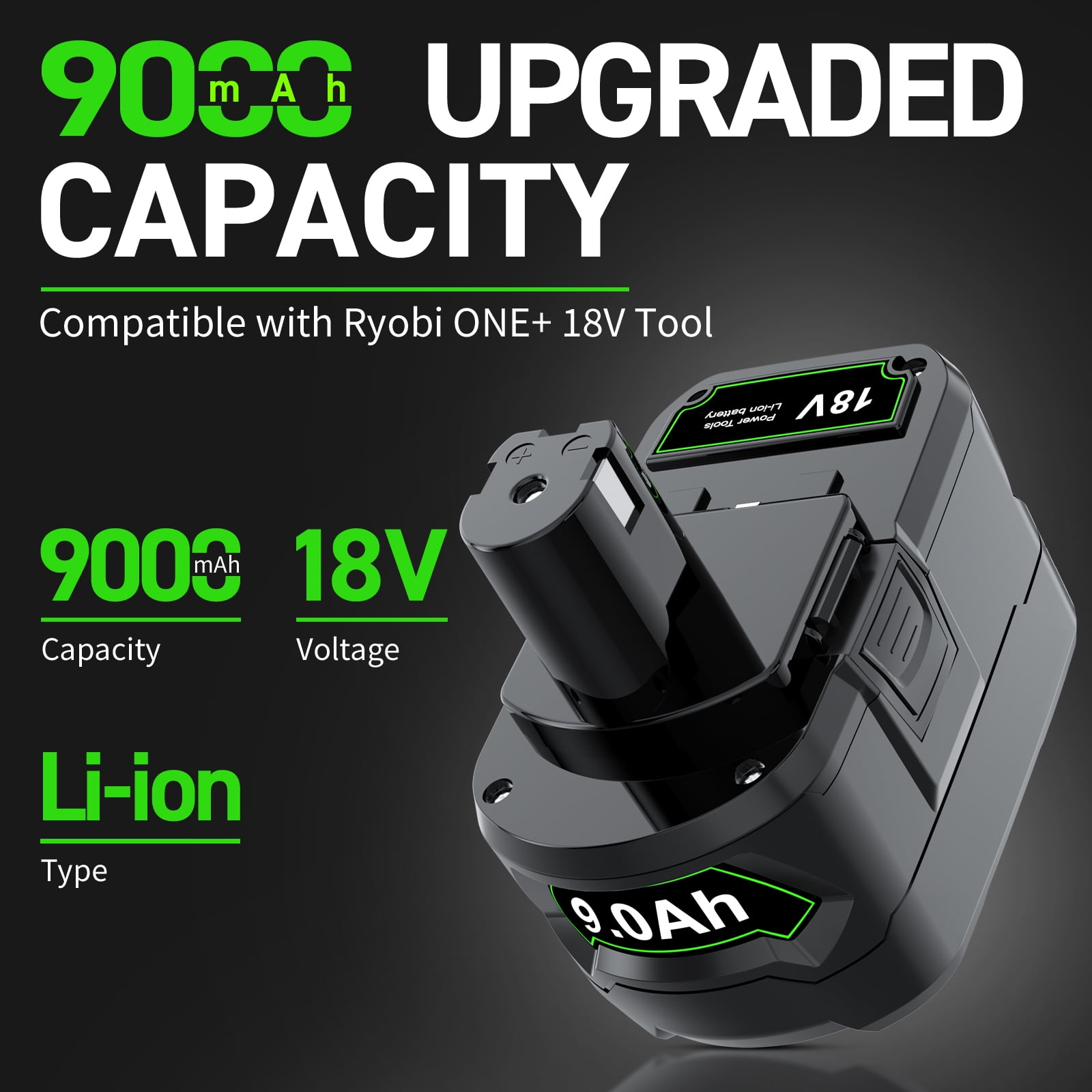 Powtree P108 9.0 Ah Replacement Battery for Ryobi 18 Volt ONE+ Lithium ion Battery P102 P104 P105 P103 P108 P109 P190 Compatible with Ryobi 18 Volt Cordless Power Tools