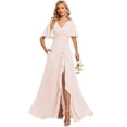 thumbnail image 1 of Vestido de dama de honor Deamify, talla grande, gasa rosa, cuello en V, 28 W, 1 of 7