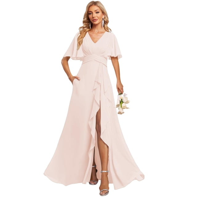 Vestido de dama de honor Deamify, talla grande, gasa rosa, cuello en V, 28 W
