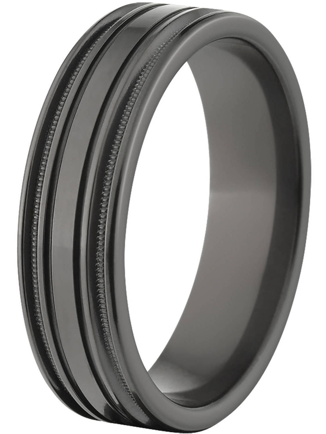 6mm Flat Black Zirconium Ring with Four Grooves and a Polished Finish