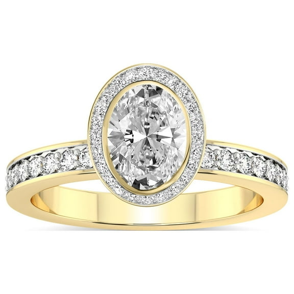 IGI Certified 2 Carat Oval Shape Lab Grown Diamond Engagement Ring | 14K Yellow Gold |Bell Dome Bezel Halo Eternity Lab Diamond Ring | FG-VS1-VS2 Quality Friendly Diamonds