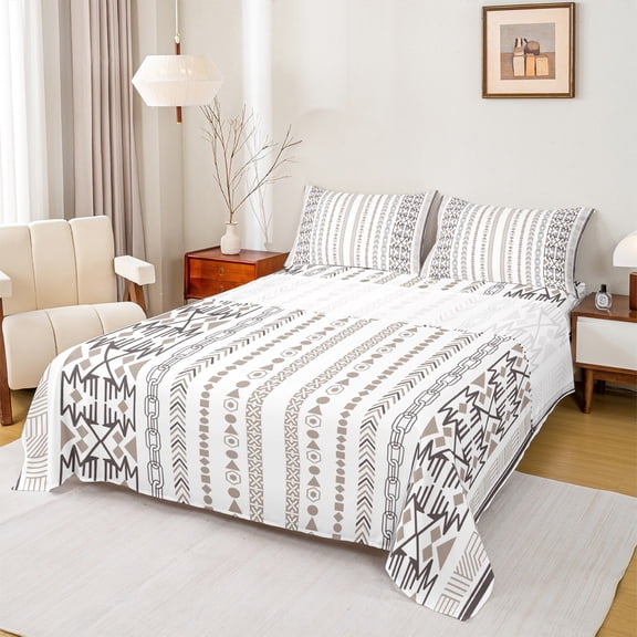 jejeloiu Rustic Western Aztec Bed Sheets,Retro Bohemian Print King Sheets,White Gray Sheet Set For Men Women,Microfiber Bedroom Decor,4 Pieces