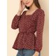 thumbnail image 2 of Blusa Allegra K de Cintura con Cinturón Y Estampado floral para mujer cuello cuadrado rojo M, 2 of 6