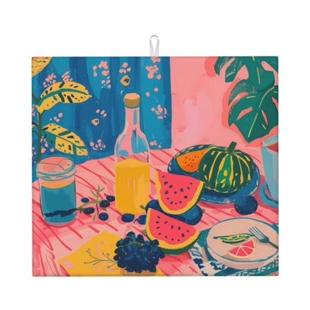 

Xecao Colorful Summer Fruit Table Print Dish Drying Mat for Kitchen Counter Absorbent Coffee Bar Mat Dish Drainer Rack Mats Dining Room Decoration