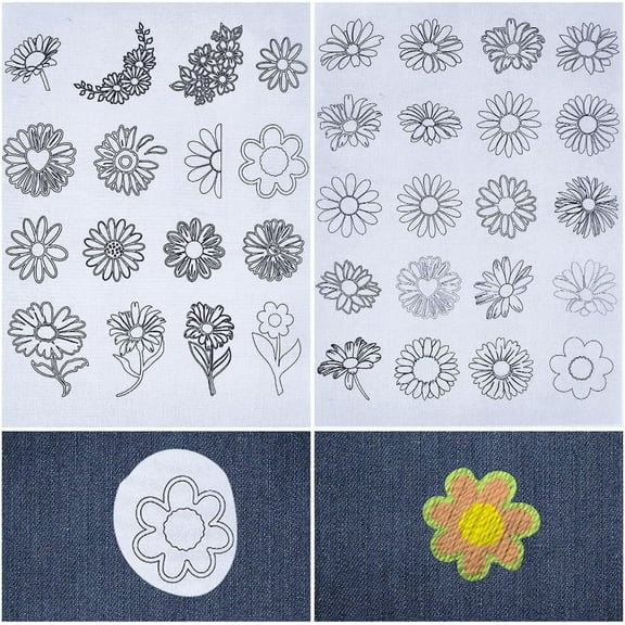 Daisy Flowers Water Soluble Embroidery Stabilizers Hand Sewing Stick and Stitch Transfers Paper Wash Away Pre-Printed Self Adhesive Patterns for Bags Cloth Sewing Lovers Beginner Needlework DIY