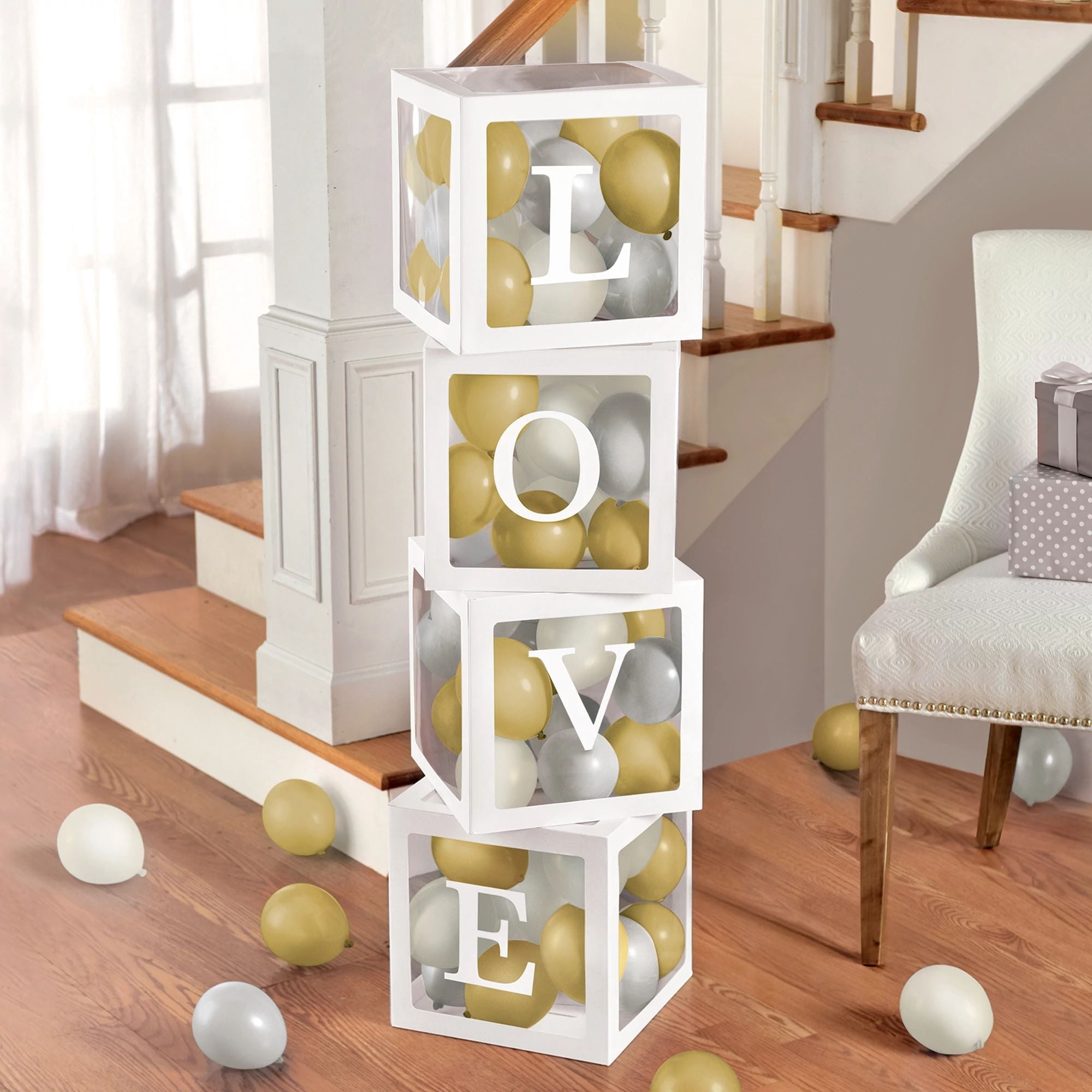 Love Balloon Boxes Set of 5 with 65 Gold & Silver Latex Balloons, 11.75in Cardstock Party Decoration Boxes, Easy Assemble for Birthday, Wedding, Engagement, Anniversary