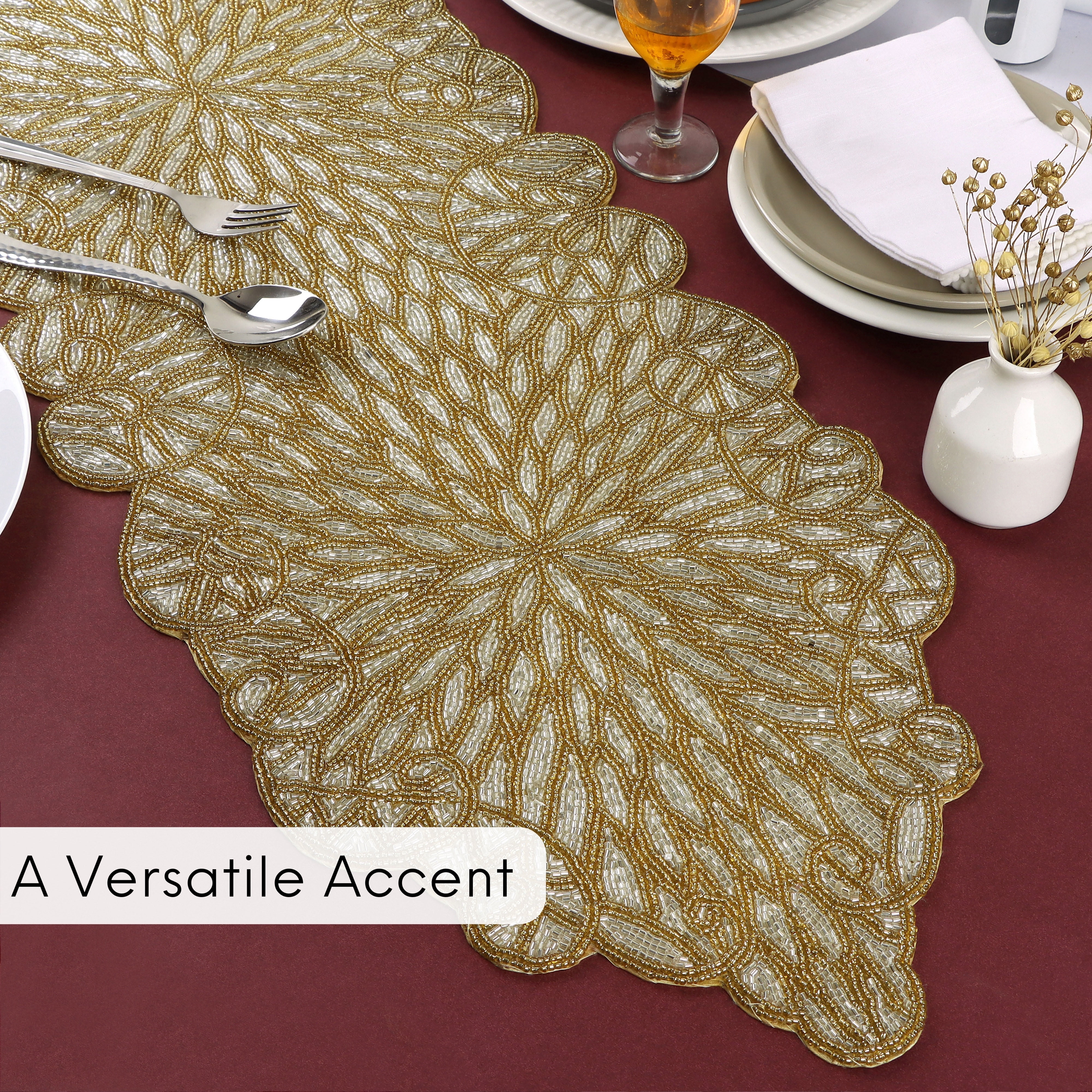 Glass Beaded Handmade Table Runner - Stylish Centerpiece for Parties and Weddings (Gold)