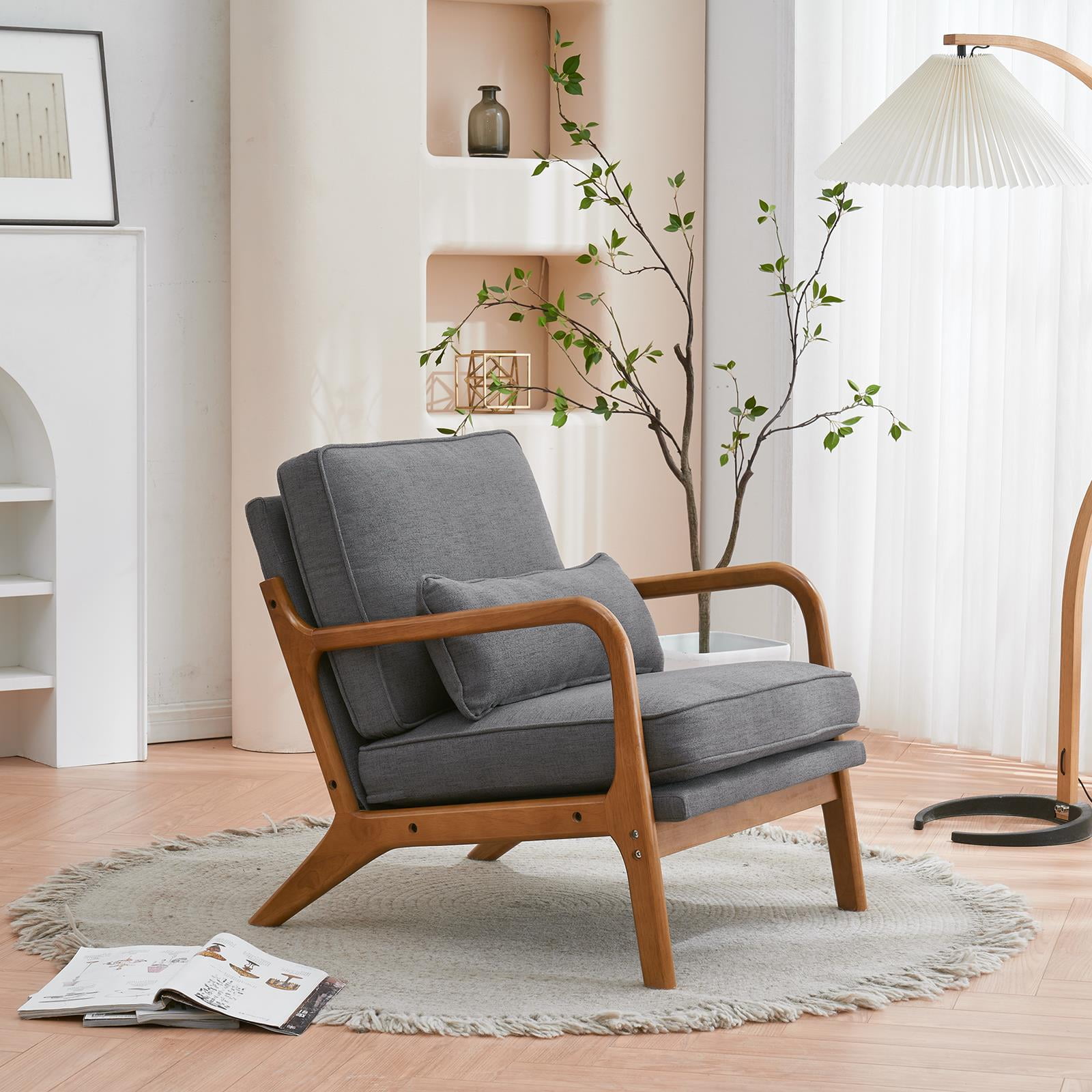 UBesGoo Modern Wood Club Chair Bronzing Cloth Fabric Upholstered Reading Accent Chair with Solid Wood Frame Brown