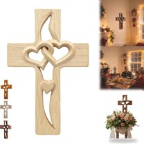 Hand-Carved Intertwined Hearts Wooden Cross – Vintage-Style Wooden Marriage Cross with Intertwined Hearts, Heart-Shaped for Wall Decor (Off-white)