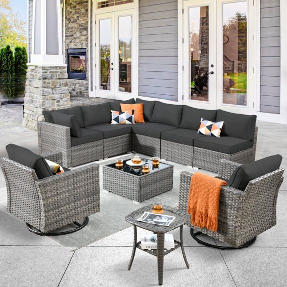 XIZZI 10-Piece Patio Wicker Rattan Funiture Conversation Set Deep Seat Outdoor Set with Rocking Chair,Black