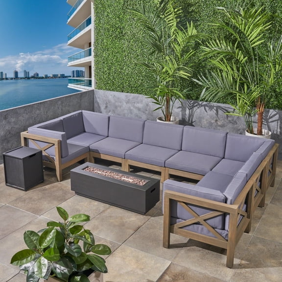 GDF Studio Keith Outdoor Acacia Wood 8 Seater Sectional Sofa Set with Fire Pit, Teak, Beige, and Light Gray