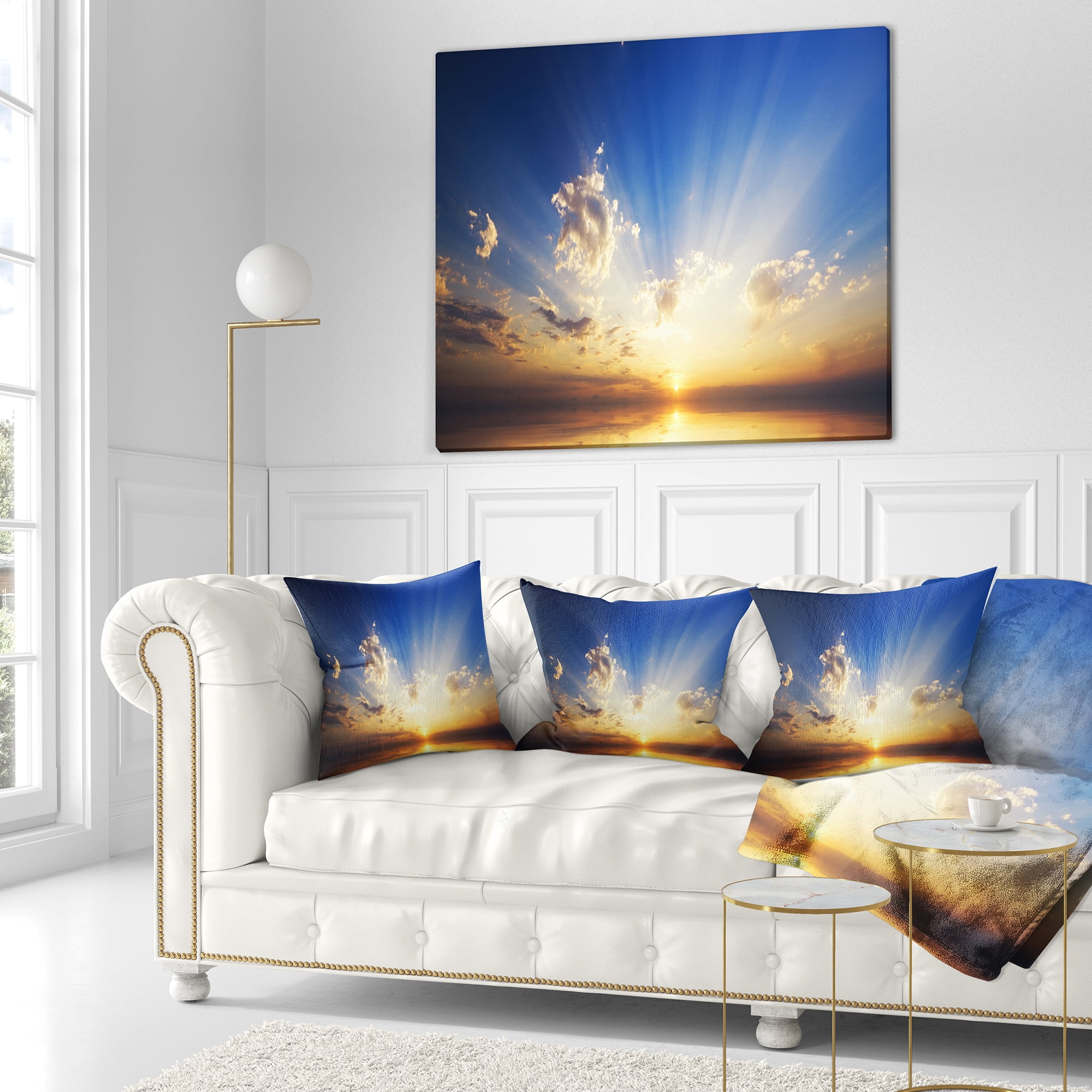 Designart Sunset in the Ocean Blue Sky Panorama - Seashore Throw Pillow - 16x16