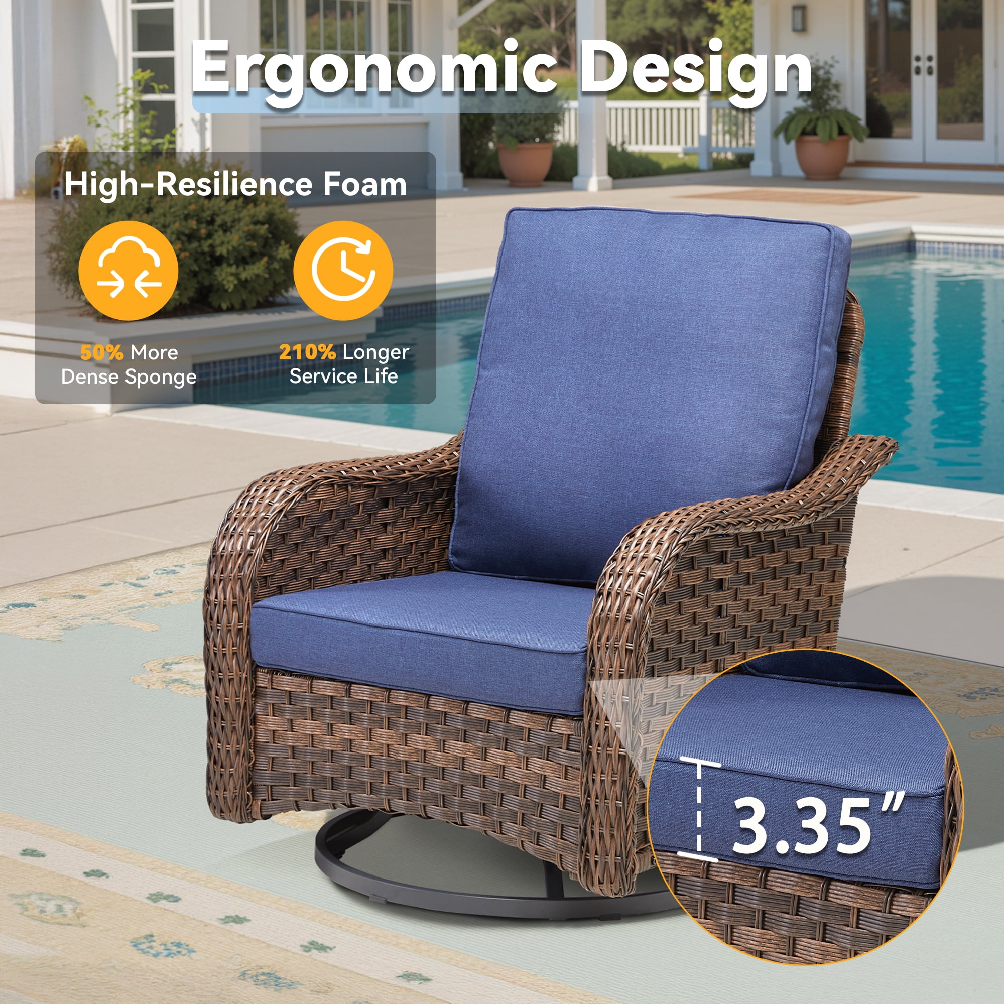 Lumiinofami Patio Wicker Furniture Set of 5, Outdoor Swivel Rocking Chairs and Ottomans Set with Blue Cushions for Porch Garden Balcony