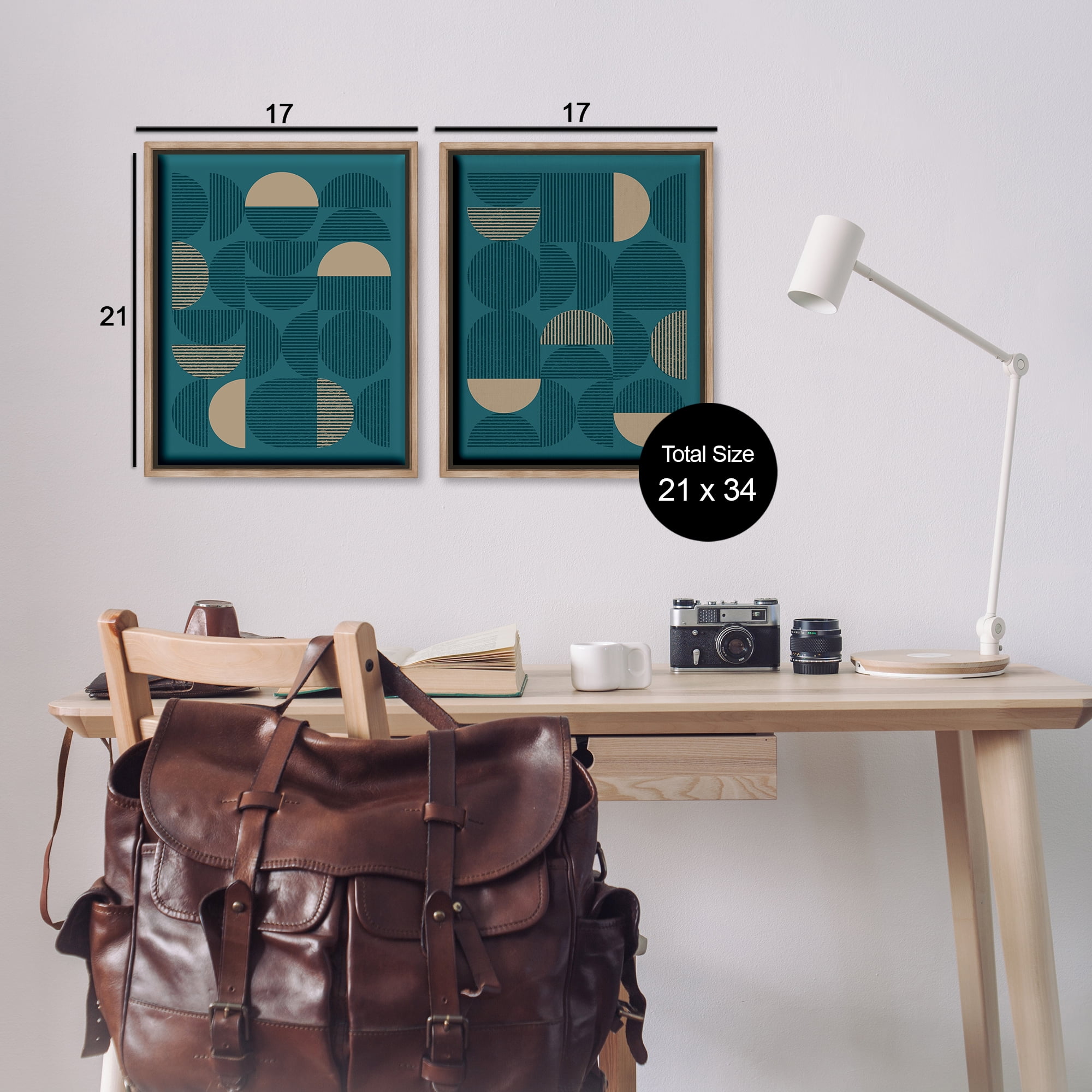 Stupell Industries Minimalist Teal Geometric Abstract Painting Brown Floater Framed Canvas Art Print Wall Art, 17 x 21, Set of 2