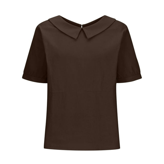 Fgnfyis T-Shirt à Col Rabattu Décontracté Ample Uni Rétro pour Femme, Manches Courtes, Hauts pour Femme, Café, TTG