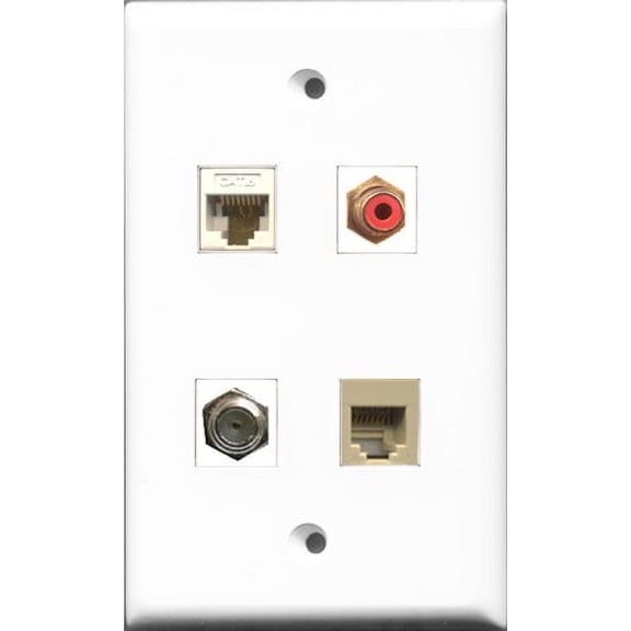 RiteAV 1 Port RCA Red and 1 Port Coax Cable TV- F-Type and 1 Port Phone RJ11 RJ12 Beige and 1 Port Cat6 Ethernet White Wall Plate
