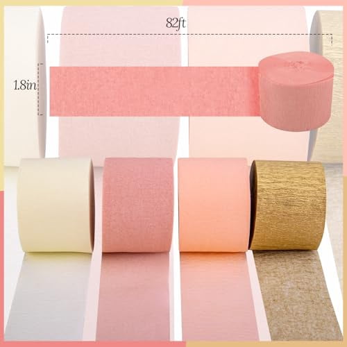 8 Rolls Pink Gold Crepe Paper Streamers for Wedding, Birthday, Bachelorette, Bridal Shower and Baby Shower Party Decorations