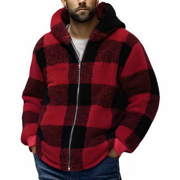 hoksml Men's Plaid Fleece Full Zip Hoodie Sherpa Lined Long Sleeve Pocket Jacket Casual Winter Coat