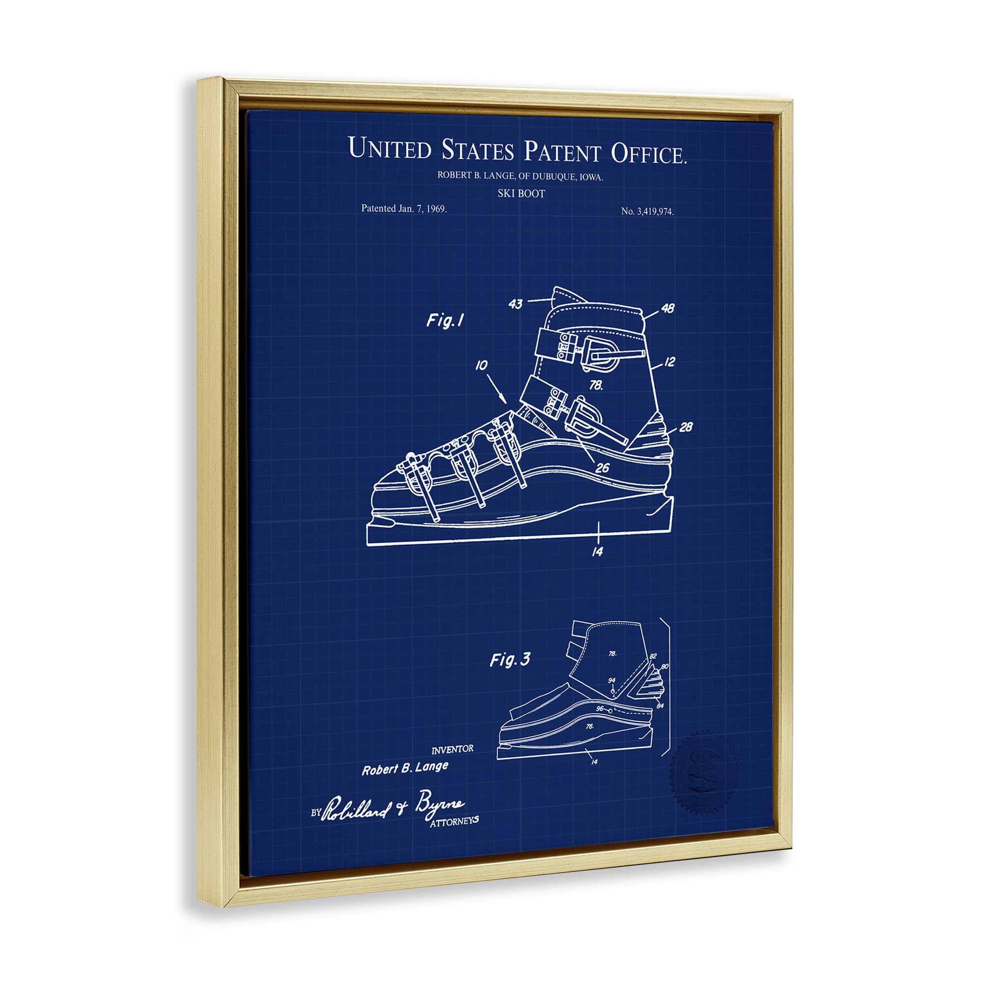 Stupell Industries Ski Boot Blueprint Sports Painting Gold Floater Framed Art Print Wall Art, 17 x 21