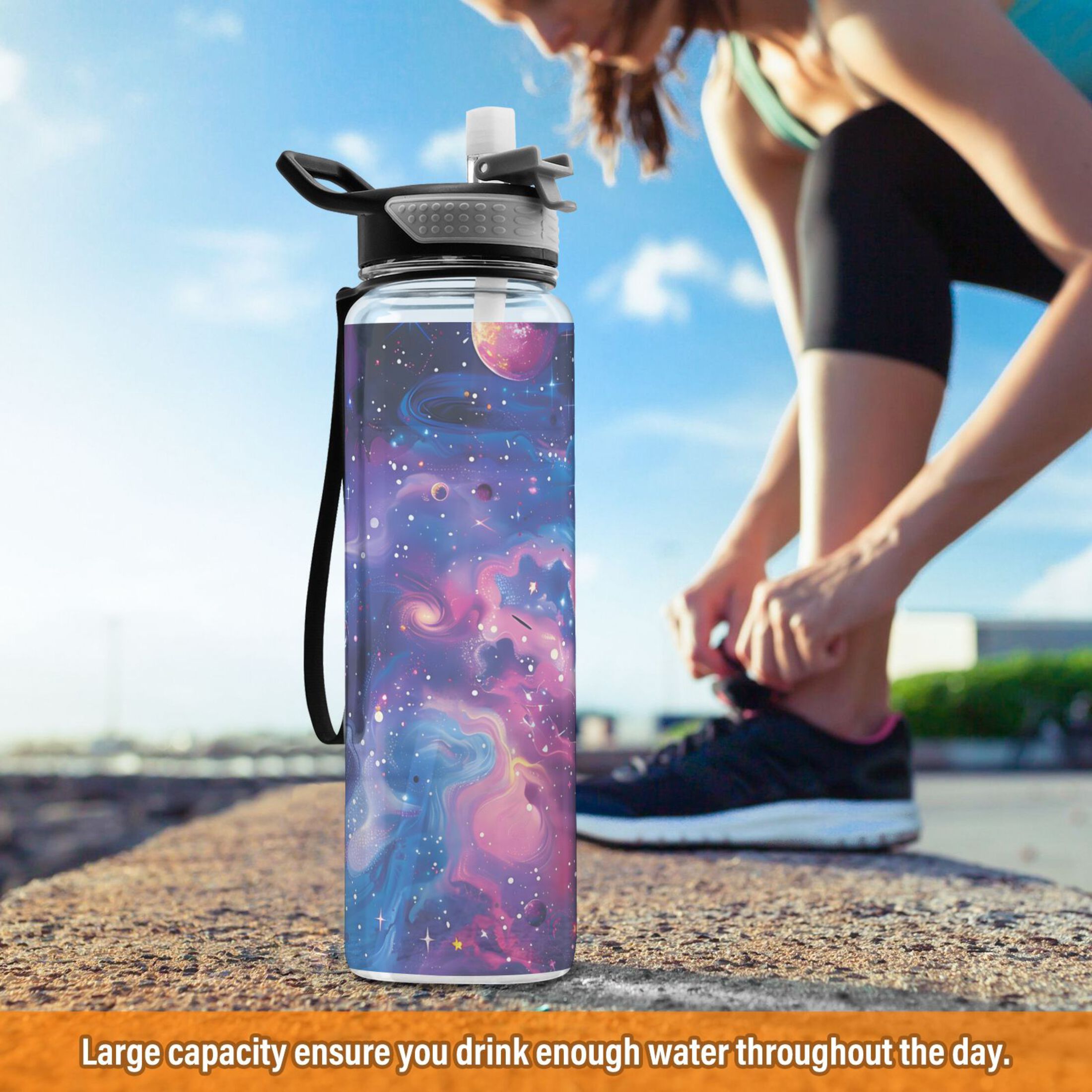Surreal Stars Planets Galaxy Transparent Sports Water Bottle with Straw BPA Free Tritan 32oz for Kids Adults Capming Sports Gym School