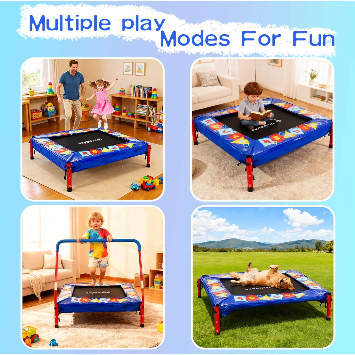 SkyBound 36" Rectangle Mini Trampoline with Handlebar, 4-Leg Stable Support, Blue+Red