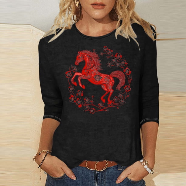 TaTaai Ladies 2026 New Year Festival Print 3/4 Sleeve Round Neck Blouse Casual Top Holiday Celebration Party Attire Gift