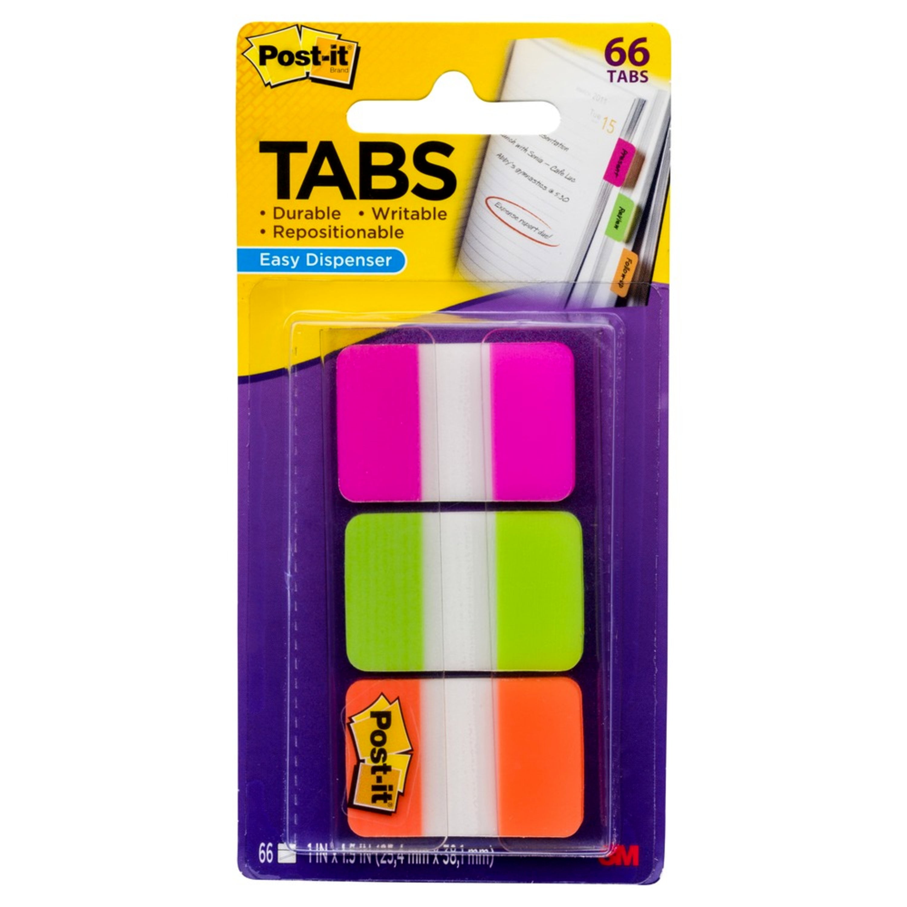 Post-it Tabs, 1 in. Wide, Assorted Colors, 66 Dispensers