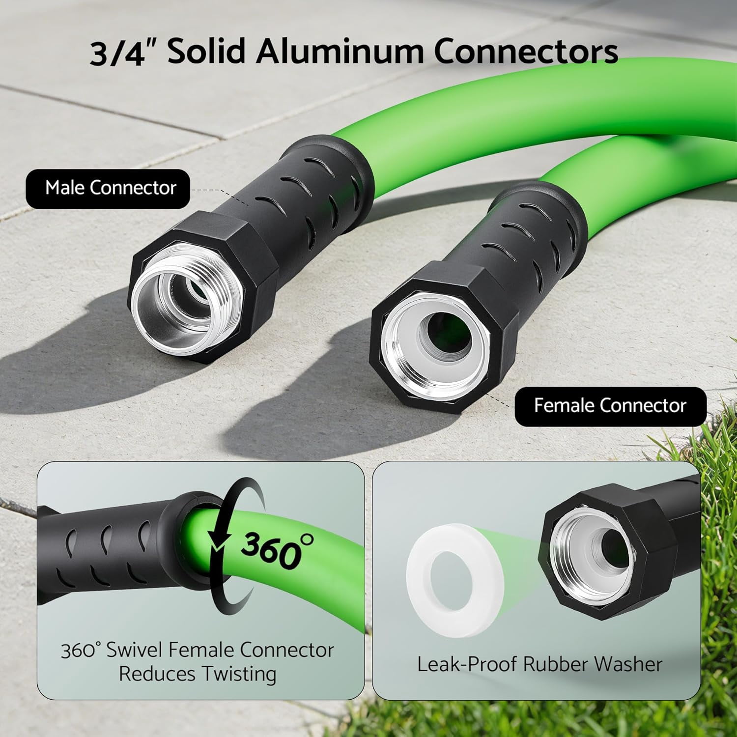 Rubber Garden Hose 15 ft x 5/8", Lightweight Water Hose with 360° Swivel Connector, 3/4" Solid Aluminum Male to Female Fittings, 450 PSI Burst, All-Weather Use for Lawn, Car, Backyard, Green