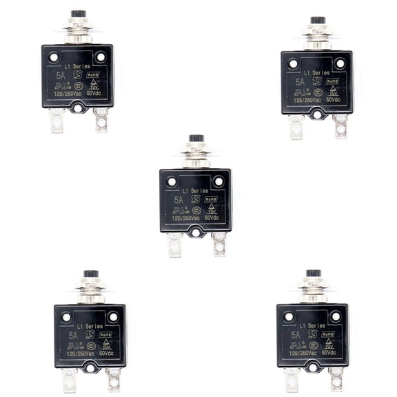 5X 5A Circuit Breaker 12V/24V Push Button Resettable Thermal Circuit Breaker Panel Mount with Waterproof Cap
